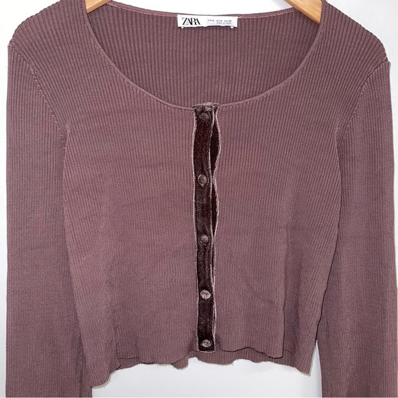 Zara Ribbed  Crop Cardigan Velvet Lined Buttons Knit Brown Women's‎ Size Medium - Picture 3 of 13